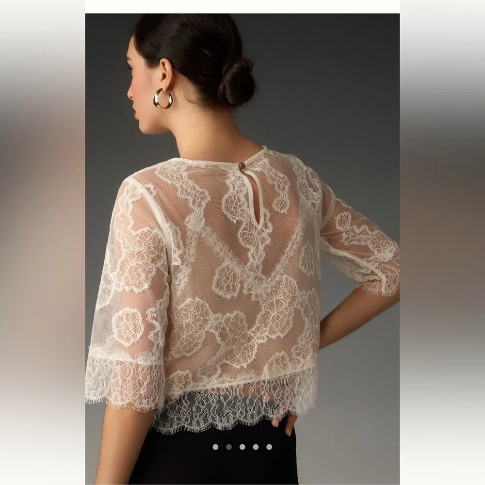 Turquoise By Anthropologie lace illusion top, size M EUC